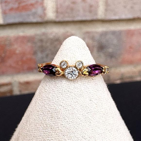 Vintage Disney Mickey Mouse Amethyst February Birthstone Gold Tone Size 5.25 - Picture 1 of 8